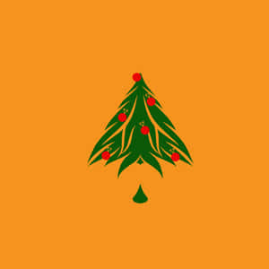 橙色背景上帶有紅色裝飾的綠色聖誕樹。