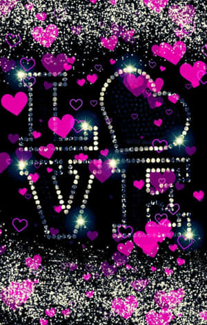 用鑽石勾勒出的love字樣，周圍環繞著粉紅色心形和閃粉。