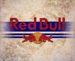 Red Bull 標誌，兩頭紅色公牛衝向黃色圓圈，背景為風化米色。