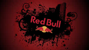 Red Bull 標誌，帶有衝鋒的公牛和城市天際線剪影，位於紋理紅色背景上，帶有黑色潑濺藝術。
