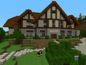 一座Minecraft風格的房子，草地上有一頭牛。