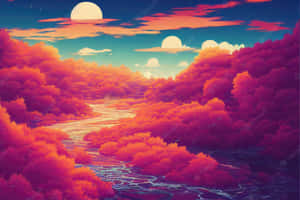 一條發光的河流在暮色天空下蜿蜒穿過超現實的森林，漂浮著月亮。