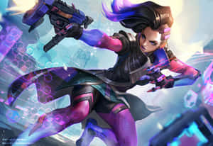 動漫角色 Sombra 在數碼城市中手持發光武器行動。
