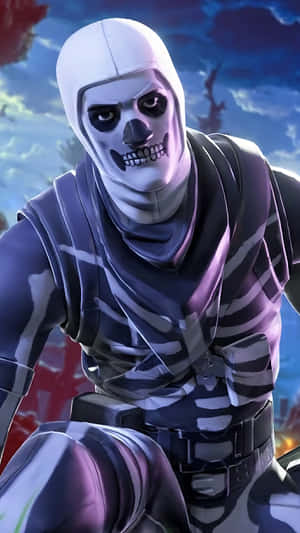 在暴風雨的天空下，身穿戰鬥裝備的骷髏Fortnite角色。