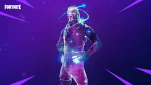一個發光的Fortnite角色，帶有宇宙效果，背景是紫色星空。