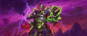 身穿發光盔甲的惡魔 warlord 在暴風雨的紫色天空中揮舞閃電。 — 3440x1440 壁紙