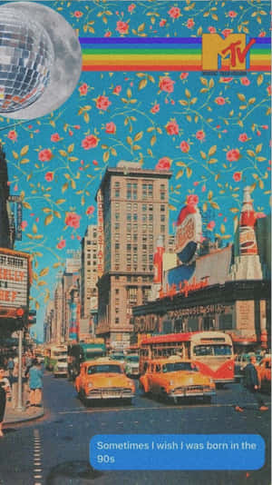 復古90年代紐約街道，黃色出租車和MTV標誌在迪斯科球和花卉天空下。 — 復古 壁紙