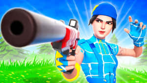 Fortnite角色在陽光明媚的草地上瞄準一把大槍。