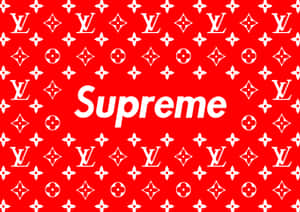 紅色背景帶有白色Louis Vuitton monogram及中央Supreme標誌。