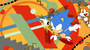 Sonic 和 Tails 在色彩繽紛的抽象形狀中奔馳。