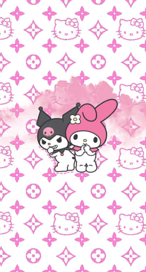 Kuromi和My Melody角色在粉紅色Hello Kitty圖案背景上。