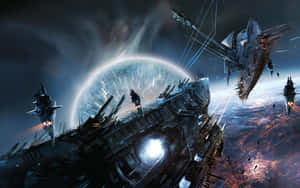 未來戰艦在閃電風暴的行星上空作戰。