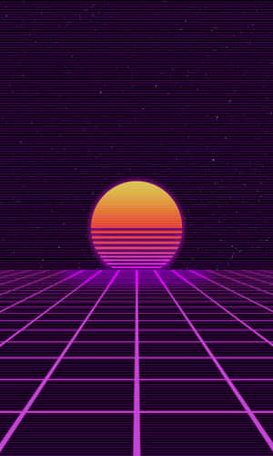 充滿活力的復古日落，發光的紫色網格和星空 — 復古 壁紙