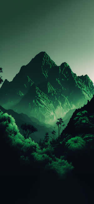 在黑暗的天空下，被茂密叢林環繞的綠色發光山峰。