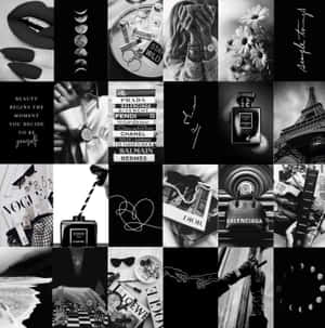 奢華時尚物品、品牌和標誌性符號的黑白拼貼畫。 — Pixel 9 Pro Fold 壁紙