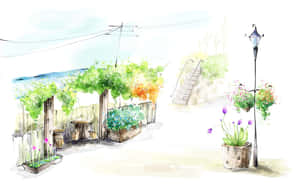 戶外咖啡館，有藤蔓、花朵和路燈，在明亮的天空下。 — 桌面美學 壁紙