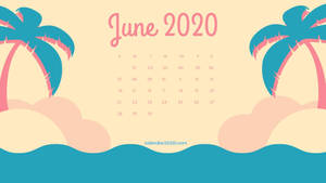 六月2020年月曆，帶有粉彩色的棕櫚樹和海浪。