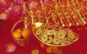 金幣、柑橘和粉紅色花朵在紅色背景上，用於農曆新年。 — 中國新年 壁紙