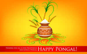 在橙色背景上，以陶罐、米、甘蔗和 rangoli 組成的快樂 Pongal 節日祝福。 — 16:10 壁紙