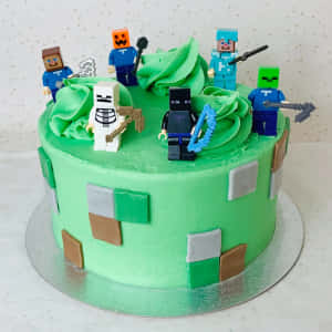 Minecraft蛋糕，配有角色裝飾和方塊設計 — 生日蛋糕 壁紙