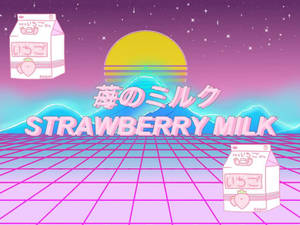 草莓牛奶盒漂浮在霓虹粉紅網格中，在帶有日文字樣的發光日落天空下。 — 士多啤梨 壁紙