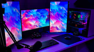 遊戲桌，配有三個顯示器和在紫色燈光下發光的PC。 — 桌面美學 壁紙