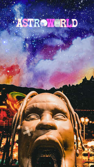 在色彩繽紛的星空下，留有辮子的巨大雕像，帶有「ASTROWORLD」文字。 — 說唱歌手 壁紙