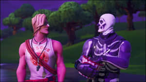兩個Fortnite角色，一個粉紅色頭髮的救援者和一個紫色骷髏，在暮色森林中對峙。