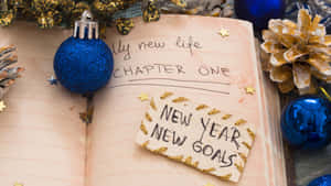 寫有「New Year New Goals」的筆記本頁面，周圍環繞著節日裝飾。