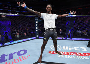 UFC拳手在八角籠中高舉雙臂慶祝勝利。