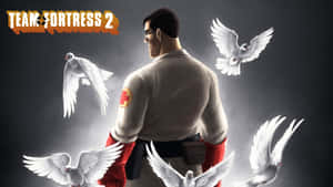 《Team Fortress 2》醫護兵被白鴿圍繞在黑暗煙霧背景中。
