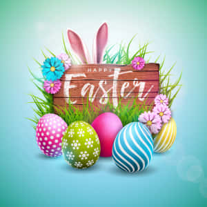 草地上有裝飾蛋和兔耳朵的Happy Easter標牌