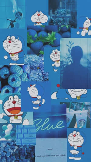藍色拼貼，含多啦A夢、士多啤梨、繡球花和浪漫文字疊加。