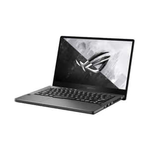 黑色 ROG Zephyrus 遊戲筆記型電腦，螢幕上顯示城市景觀桌布。