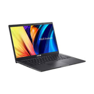 黑色ASUS Vivobook手提電腦，螢幕上帶有彩色抽象桌布。