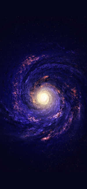 一個充滿活力的螺旋星系，在黑暗的宇宙背景下，帶有紫色旋臂和橙色星團。