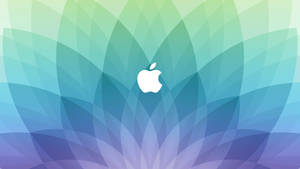Apple標誌在抽象花瓣背景上，漸層藍、綠、紫