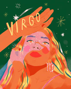 一位擁有星形頭髮的女性，以及一隻手在綠色宇宙背景上拼寫 Virgo。
