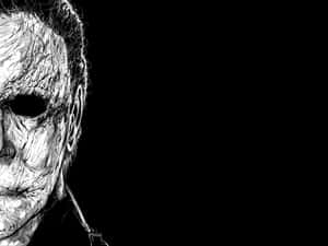 Michael Myers 面具以黑白素描風格呈現於黑色背景上 — 恐怖萬聖節 壁紙