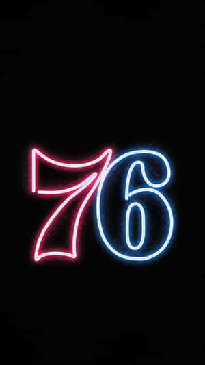 在深色紋理背景上發光的霓虹粉紅色和藍色數字 76。