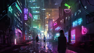 夜晚霓虹燈照亮的下雨城市街道，有發光招牌和行人。
