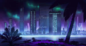 未來城市天際線夜景，霓虹燈和棕櫚樹，極光下。