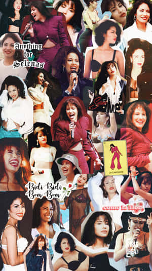 一幅色彩繽紛的拼貼畫， featuring Selena Quintanilla 在各種表演和姿勢中，並帶有文字疊加。