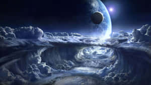 一個超現實的宇宙景觀，有旋轉的雲層和發光的行星與月亮。