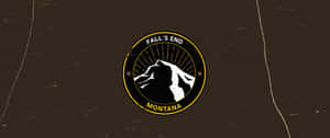 圓形標誌，帶有山脈輪廓和文字 Fall's End Montana，背景為紋理棕色。