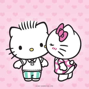 兩個穿著睡衣的Hello Kitty角色在粉紅色心形背景上依偎。
