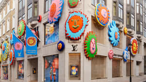 路易威登店舖裝飾著大型彩色太陽雕塑，帶有微笑的面孔。 — 路易威登 壁紙