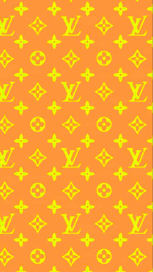 橙色背景，帶有黃色 Louis Vuitton 字母組合和花卉圖案。