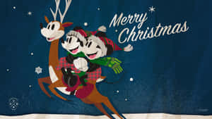 米奇和米妮老鼠在雪夜場景中騎著馴鹿，帶有 'Merry Christmas' 字樣。