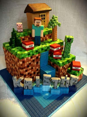 Minecraft蛋糕，上面有Steve、豬、爬行者、TNT方塊和房子，位於方塊島上，拼出Kristop。 — 甜品 壁紙